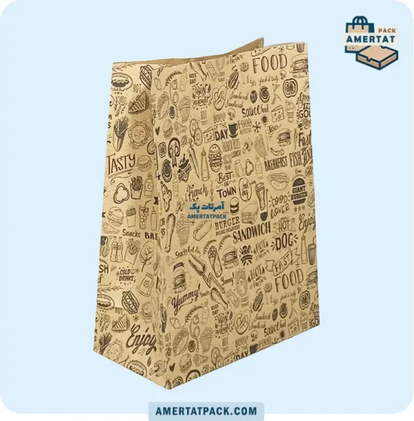 پاکت کرافت چاپی سوخاری بزرگ آمرتات پک از زاویه‌ای دیگر، نمایش ابعاد 29x14x40 سانتی‌متری