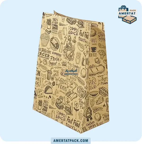پاکت بیرون بر سوخاری کوچک چاپی آمرتات پک، با طرح عمومی و ابعاد جمع‌وجور، برای وعده‌های کوچک