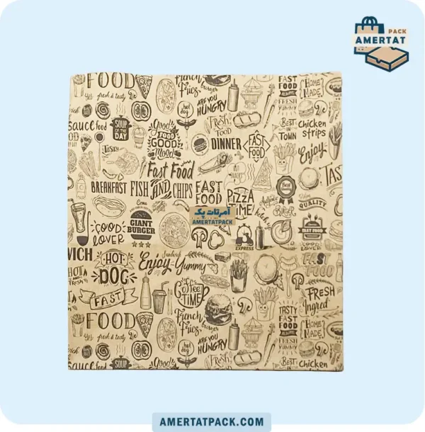 پاکت کرافت چاپی پیتزا خانواده آمرتات پک از زاویه‌ای متفاوت، نمایش ابعاد 32x31x35 سانتی‌متری